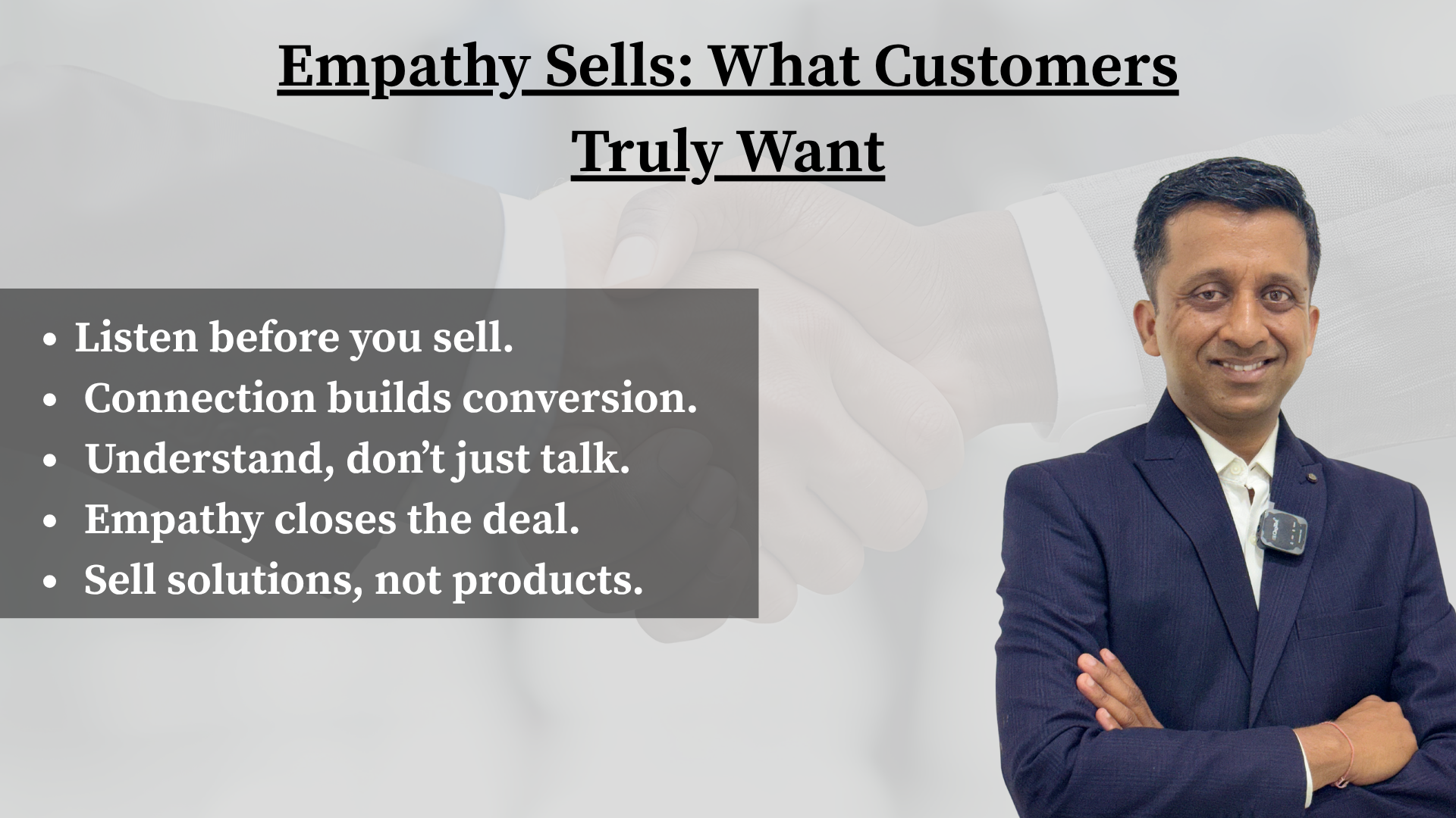 Visual highlights of empathetic selling: icons of listening, conversation, and trust, with text stating that customers want connection, understanding, and real solutions — not sales scripts.