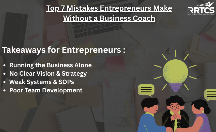 Illustration showing the 7 common mistakes entrepreneurs make without a business coach, including running the business alone, lack of vision, weak systems, poor team development, blind spots, emotional burnout, and stagnant growth.