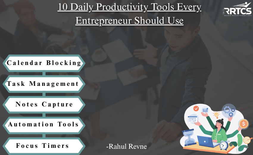 Infographic listing 10 daily productivity tools for entrepreneurs, including calendar blocking, task management, automation, cloud storage, and focus apps to improve time management and business growth.