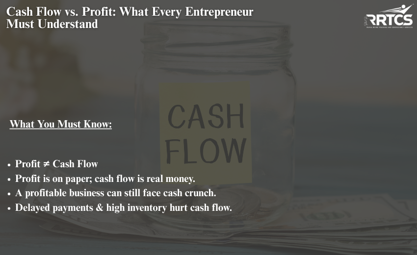 Visual showing key differences between profit and cash flow for entrepreneurs, highlighting cash flow management tips and business financial insights.