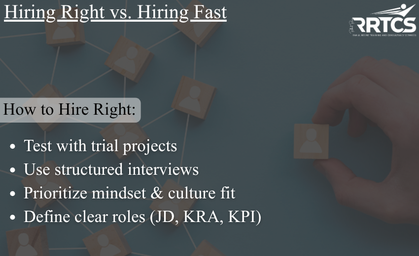Business team discussing recruitment strategy – concept of hiring right vs hiring fast for effective team scaling and long-term success.