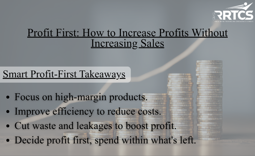 Profit First business tips visual showing key strategies to increase profit without increasing sales, including cutting waste, improving efficiency, pricing smartly, and focusing on high-margin products.