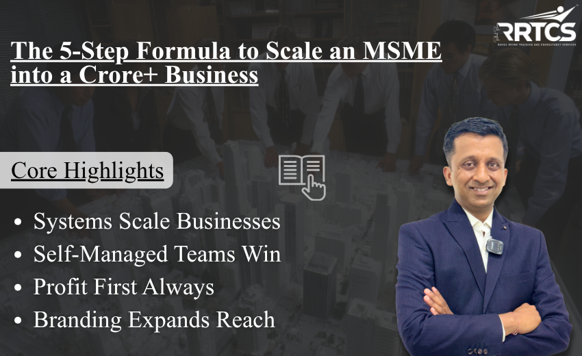 Visual summarizing the 4 steps to scale an MSME: clarity of vision, building systems, self-managed teams, profit-first growth, and branding expansion.