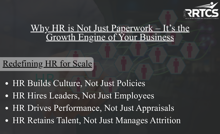 HR as the growth engine of business — infographic showing how modern HR builds culture, hires leaders, drives performance, retains talent, and enables systems for sustainable business growth.